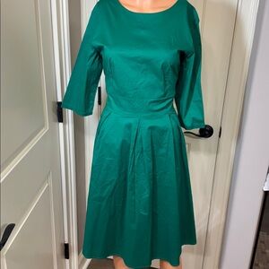 LAMiU Green Fit & Flare Dress Size 6 Stretch Cotton 3/4 Sleeve Back Zip